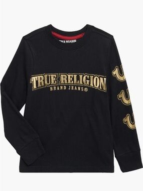 NWT True Religion Boys Black Gold Logo Long Sleeve Tee Size M (5/6)